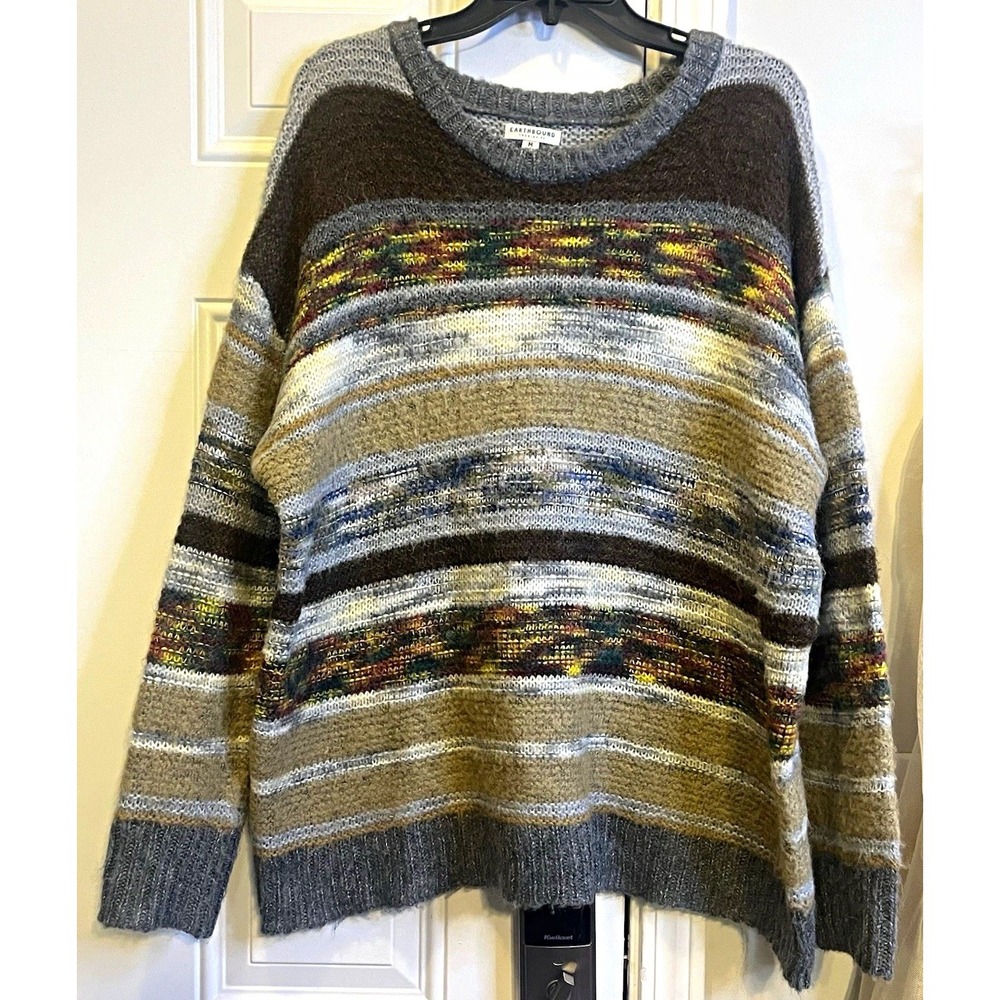 Boho Earthbound Trading Co. Womens Size M Sweater Fuzzy Striped Grunge Fair Isle